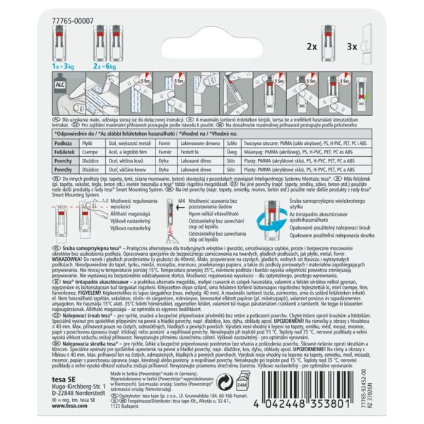 Akasztocsavar ontapado allithato sima feluletekhez 3 kg teherbirasu 2 darab bliszter Tesa Powerstrips i246269