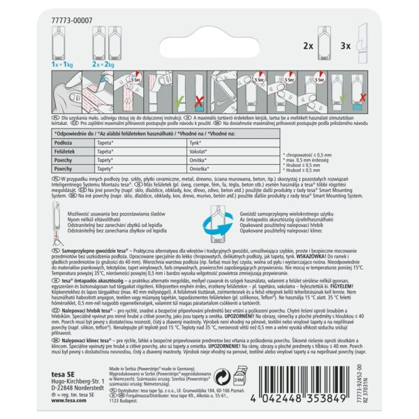 Akasztoszog ontapados erzekeny feluletekhez 1 kg teherbirasu 2 darab bliszter Tesa Powerstrips i246134