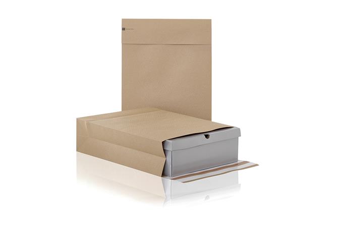 Boríték, visszaküldhető, két ragasztócsíkkal, M, 350x450x80+100 mm, "e-Green" 1 .