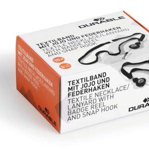 Azonosítókártya-tartó, kihúzható, karabineres, fekete nyakba akasztóval, DURABLE