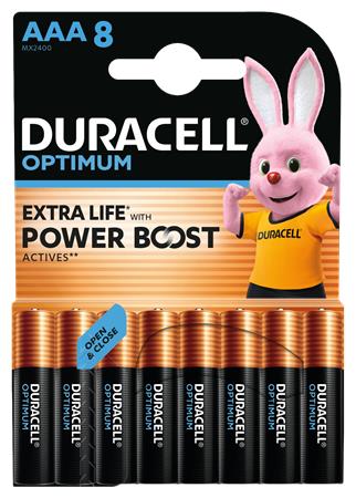 Elem, AAA mikro, 8 db, műanyagmentes, DURACELL "Optimum" 1 DURACELL