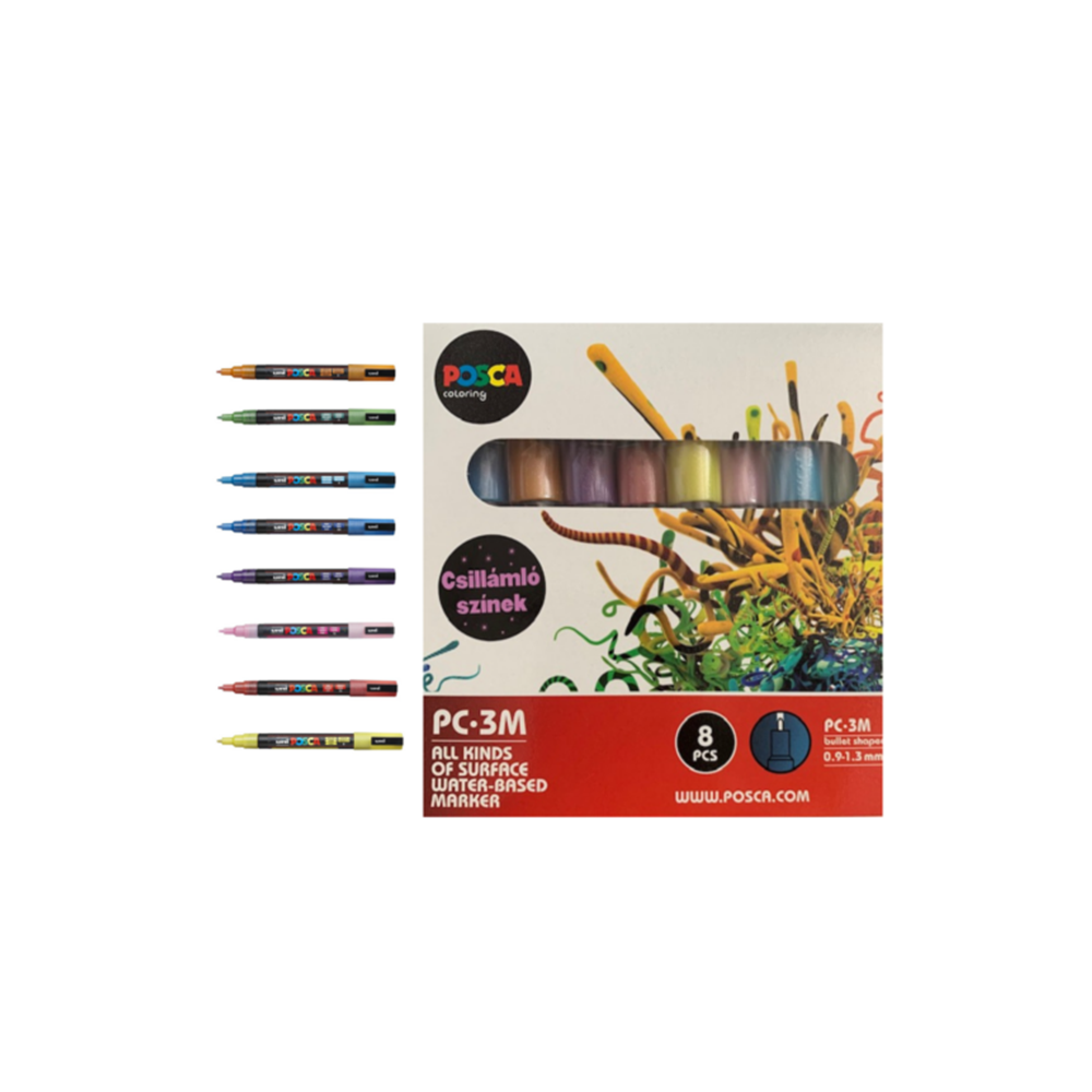 Dekormarker 0,9-1,3mm, Uni Posca PC-3M 8 db-os készlet, csillámló 1 Dekormarker 0,9-1,3mm, Uni Posca PC-3M 8 db-os készlet, csillámló