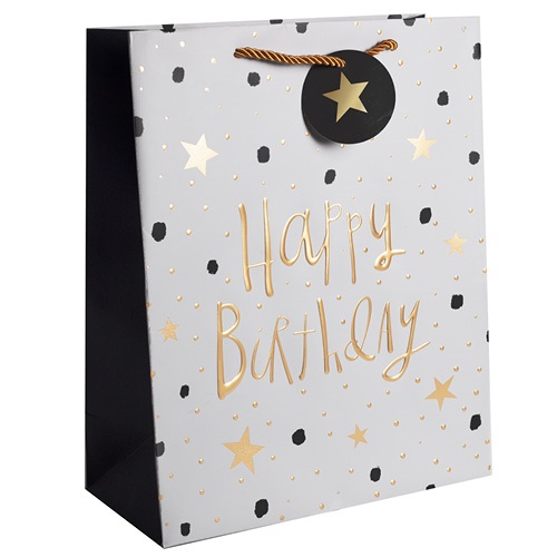 Dísztasak matt 26x32 cm fehér/arany Happy Birthday felirattal 1 Dísztasak matt 26x32 cm fehér/arany Happy Birthday felirattal