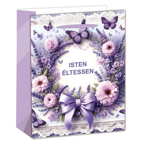 Dísztasak matt 26x32 cm levendulás Isten éltessen felirattal 1 Dísztasak matt 26x32 cm levendulás Isten éltessen felirattal