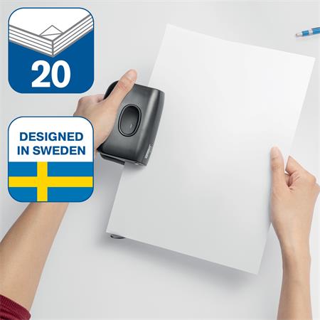 Lyukasztó, kétlyukú, újrahasznosított, 20 lap, RAPID "Eco 20", fekete 2 Lyukasztó, kétlyukú, újrahasznosított, 20 lap, RAPID "Eco 20", fekete