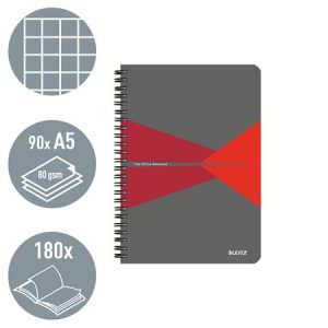 Spirálfüzet, A5, kockás, 90 lap, laminált karton borító, LEITZ "Office", szürke-piros