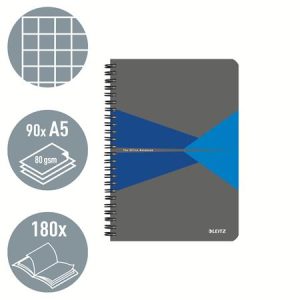 Spirálfüzet, A5, kockás, 90 lap, laminált karton borító, LEITZ "Office", szürke-kék