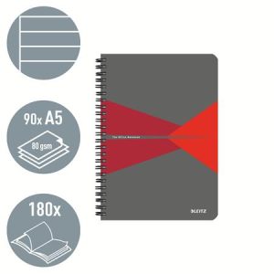 Spirálfüzet, A5, vonalas, 90 lap, laminált karton borító, LEITZ "Office", szürke-piros