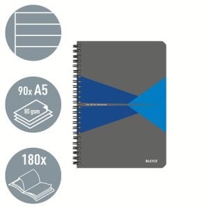 Spirálfüzet, A5, vonalas, 90 lap, laminált karton borító, LEITZ "Office", szürke-kék