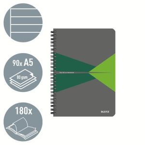 Spirálfüzet, A5, vonalas, 90 lap, laminált karton borító, LEITZ "Office", szürke-zöld