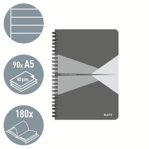 Spirálfüzet, A5, vonalas, 90 lap, laminált karton borító, LEITZ "Office", szürke