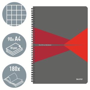 Spirálfüzet, A4, kockás, 90 lap, PP borító, LEITZ "Office", szürke-piros
