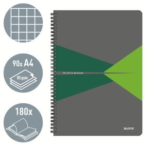 Spirálfüzet, A4, kockás, 90 lap, PP borító, LEITZ "Office", szürke-zöld