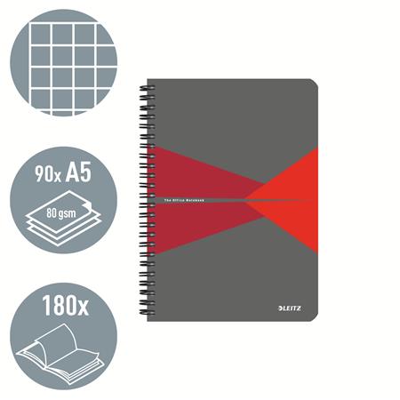 Spirálfüzet, A5, kockás, 90 lap, PP borító, LEITZ "Office", szürke-piros 2 Spirálfüzet, A5, kockás, 90 lap, PP borító, LEITZ "Office", szürke-piros