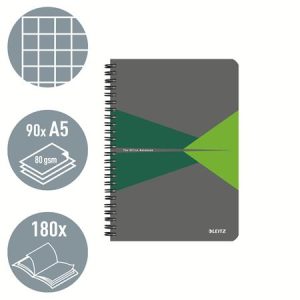 Spirálfüzet, A5, kockás, 90 lap, PP borító, LEITZ "Office", szürke-zöld