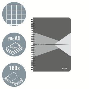 Spirálfüzet, A5, kockás, 90 lap, PP borító, LEITZ "Office", szürke