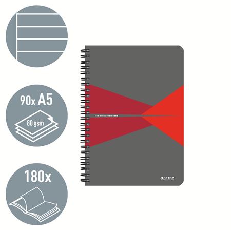 Spirálfüzet, A5, vonalas, 90 lap, PP borító, LEITZ "Office", szürke-piros 2 Spirálfüzet, A5, vonalas, 90 lap, PP borító, LEITZ "Office", szürke-piros