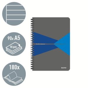 Spirálfüzet, A5, vonalas, 90 lap, PP borító, LEITZ "Office", szürke-kék