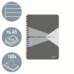 Spirálfüzet, A5, vonalas, 90 lap, PP borító, LEITZ "Office", szürke