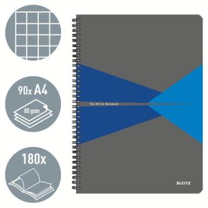 Spirálfüzet, A4, kockás, 90 lap, laminált karton borító, LEITZ "Office", szürke-kék