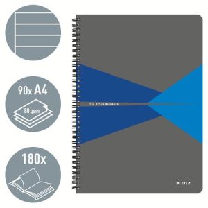 Spirálfüzet, A4, vonalas, 90 lap, laminált karton borító, LEITZ "Office", szürke-kék