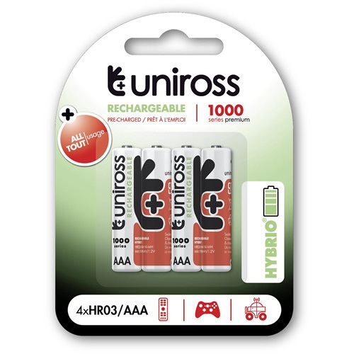 Elem Uniross tölthető-akkuelem 1000mAh Ni -HYBRIO AAA mikro 4 db/csomag 1 Elem Uniross tölthető-akkuelem 1000mAh Ni -HYBRIO AAA mikro 4 db/csomag