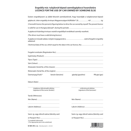 Engedély más tulajdonát képező szgk. használatára 2 lapos garnitúra A/4 álló 1 Engedély más tulajdonát képező szgk. használatára 2 lapos garnitúra A/4 álló