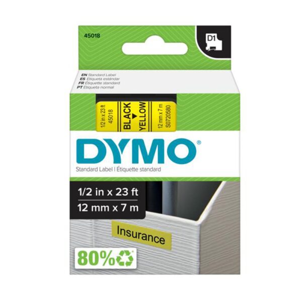 Feliratozogep szalag Dymo D1 S0720580 45018 12mmx7m ORIGINAL fekete sarga i593226