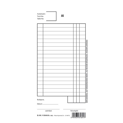 Felszolgáló számla 25x2 lapos tömb 102x203 mm 1 Felszolgáló számla 25x2 lapos tömb 102x203 mm