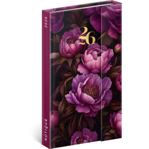Határidőnapló mágnessel záródó, heti, fehér lapokkal Purple Flowers 130x210 mm, Presco