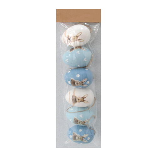 Húsvéti tojásdekoráció kék/fehér nyuszis 6 db/csomag 1 Húsvéti tojásdekoráció kék/fehér nyuszis 6 db/csomag