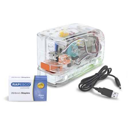 Tűzőgép, 26/6, 15 lap, elemes, USB töltővel, RAPESCO "626EL", átlátszó 1 RAPESCO