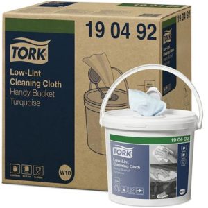 Tisztítókendő, szöszszegény, 1 rétegű, 200 db, hordozható vödörben, W10 rendszer,TORK, türkizkék