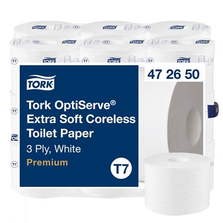 Toalettpapír, belsőmag nélküli, T7 rendszer, 3 rétegű, 13,1 cm átmérő, Premium, TORK "OptiServe", fehér 2 Toalettpapír, belsőmag nélküli, T7 rendszer, 3 rétegű, 13,1 cm átmérő, Premium, TORK "OptiServe", fehér