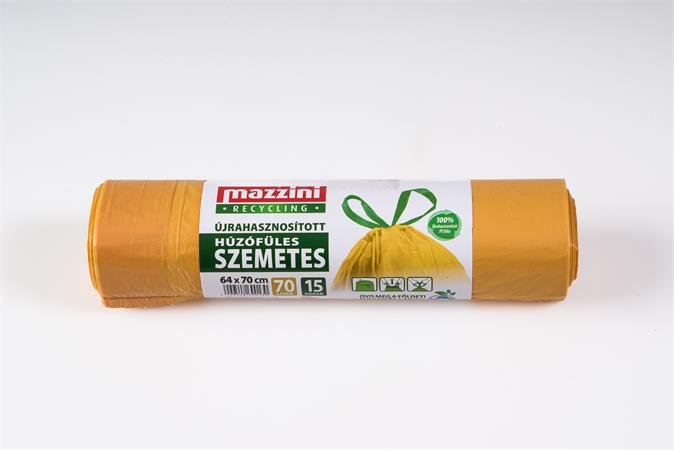 Szemeteszsák, újrahasznosított, húzófüles, 70 l, 15 db, 64x70 cm, 18 µ, MAZZINI, sárga 1 MAZZINI