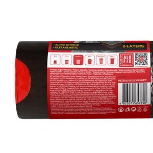 Szemeteszsák, zárószalagos, 35 l, 15 db, 53x60 cm, 28 µ, ALUFIX "Aluflexy", fekete