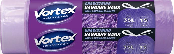 Szemeteszsák, zárószalagos, 35 l, 15 db, 50x60 cm, HDPE, 15 µ, VORTEX, levendula illattal 1 VORTEX