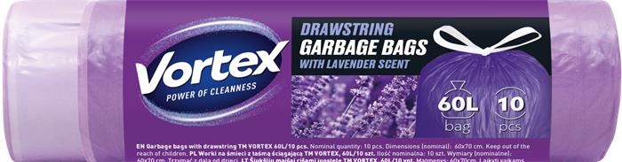 Szemeteszsák, zárószalagos, 60 l, 10 db, 60x70 cm, HDPE, 15 µ, VORTEX, levendula illattal 1 VORTEX