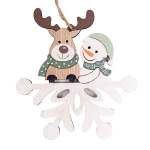 Karácsonyi dekor dísz fa akasztós 12x11 cm hóember és rénszarvas