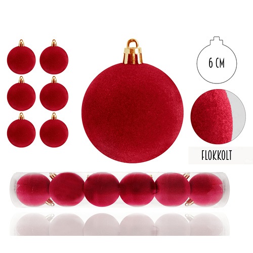 Karácsonyi gömb flokkolt piros színű 6 db/csomag 1 Karácsonyi gömb flokkolt piros színű 6 db/csomag