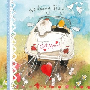 Képeslap Alex Clark borítékkal, 14x14 cm, Just Married autó
