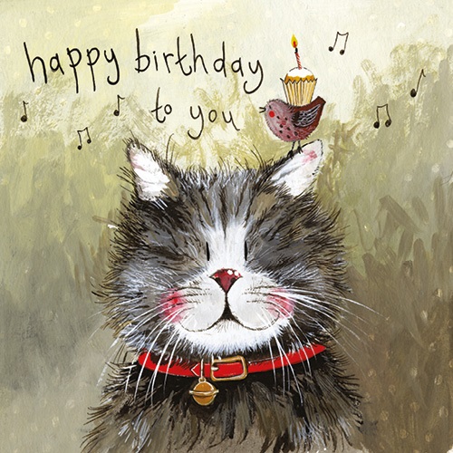 Képeslap Alex Clark borítékkal, 14x14 cm, cica madárral HBD 1 Képeslap Alex Clark borítékkal, 14x14 cm, cica madárral HBD