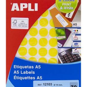 Etikett, 19 mm kör, színes, A5 hordozón, APLI, sárga, 560 etikett/csomag