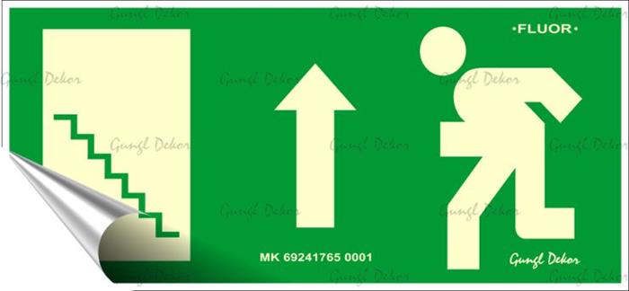 Információs matrica, 25x11,5 cm, fluoreszkáló, utánvilágítós, "Menekülési irány fel, lépcső balra" 1 .
