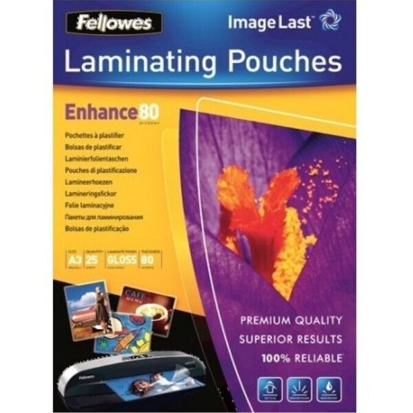 Laminalo folia A3 80 mikron fenyes 25 dbdoboz Fellowes i467857