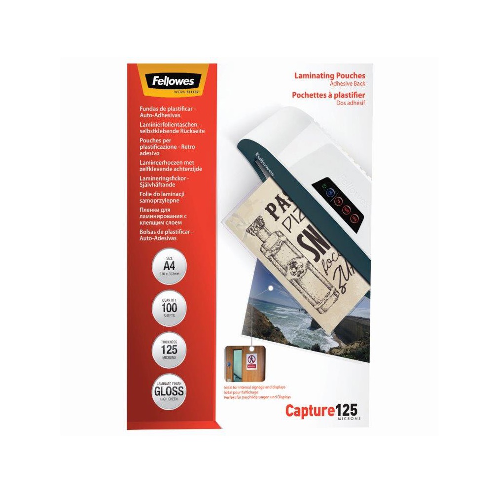 Lamináló fólia, A4, 125 mikron, fényes, öntapadó hátlappal, 100 db/doboz, Fellowes® 2 Lamináló fólia, A4, 125 mikron, fényes, öntapadó hátlappal, 100 db/doboz, Fellowes® - Image 2
