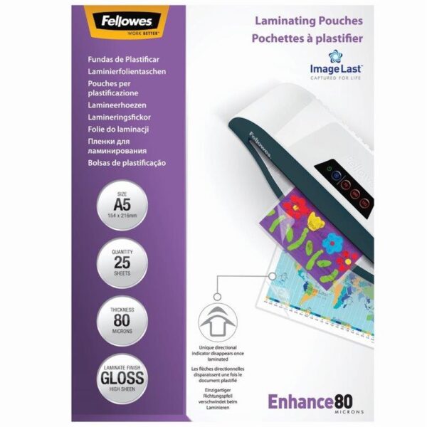 Laminalo folia A5 80 mikron fenyes 25 dbdoboz Fellowes i476969