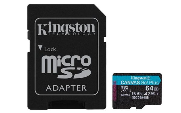 Memóriakártya, microSDXC, 64GB, C10/UHS-I/U3/V30/A2, adapter, KINGSTON "Canvas Go! Plus"