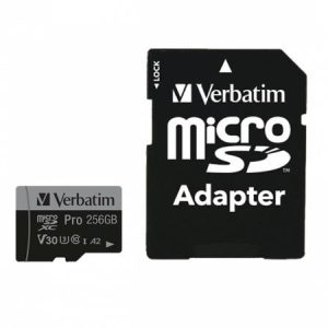 Memóriakártya, microSDXC, 256GB, CL10/U3/A2, 100/90 MB/s, adapter, VERBATIM "PRO"
