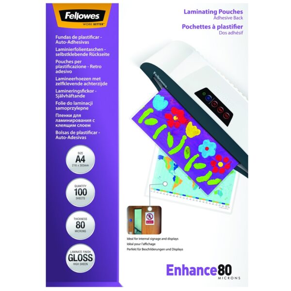 Meleglaminalo folia 80 mikron A4 fenyes ontapado 100 db FELLOWES i65661